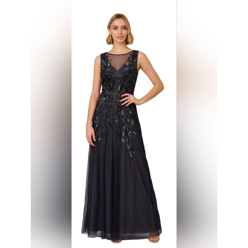 Adrianna Papell Bead Metallic Mesh Gown NWT Size 16 Navy Blue